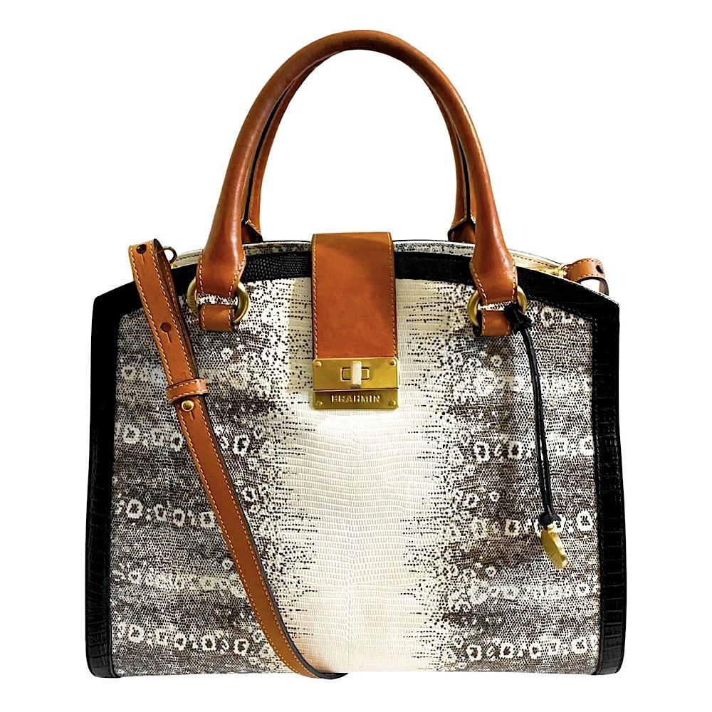 Brahmin Snakeskin & Vachetta Leather Oxford Satchel w/ Shoulder Bag Strap